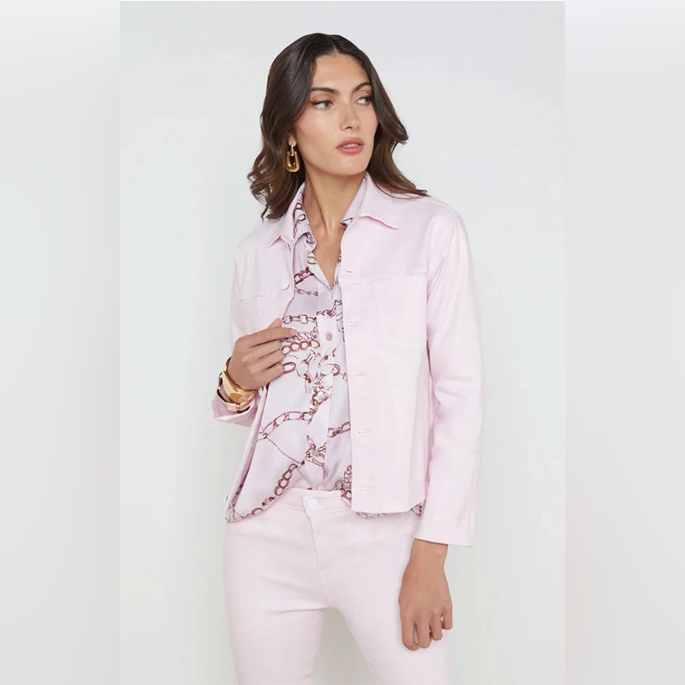 NWT $450 L'AGENCE Janelle Denim Jacket XL Pink Lilac Coated Slim Boho Chic